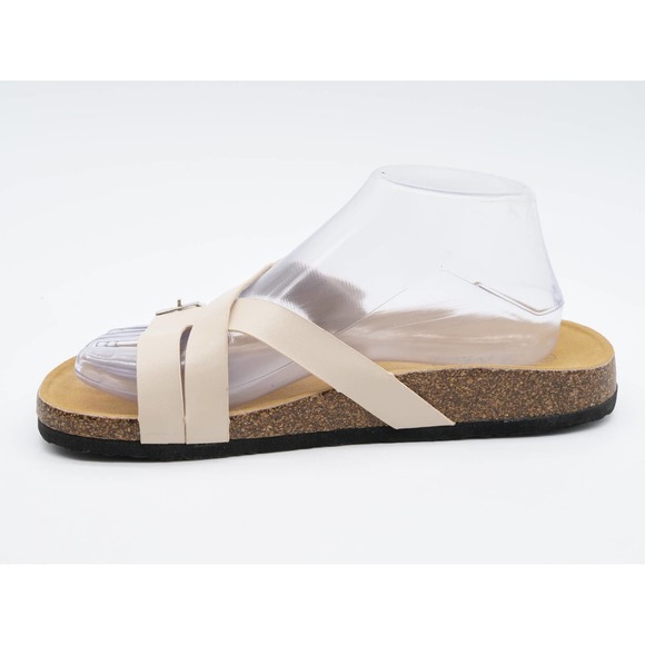 J Mark Sandals Womens 7.5 Beige Faux Leather Strappy Adjustable Slides Cork - Picture 5 of 10